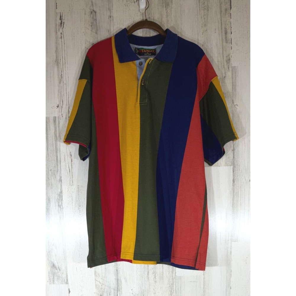 Tango by Max Raab Polo Shirt Multicolor Colorblock Vertical Stripe Vintage 90s
